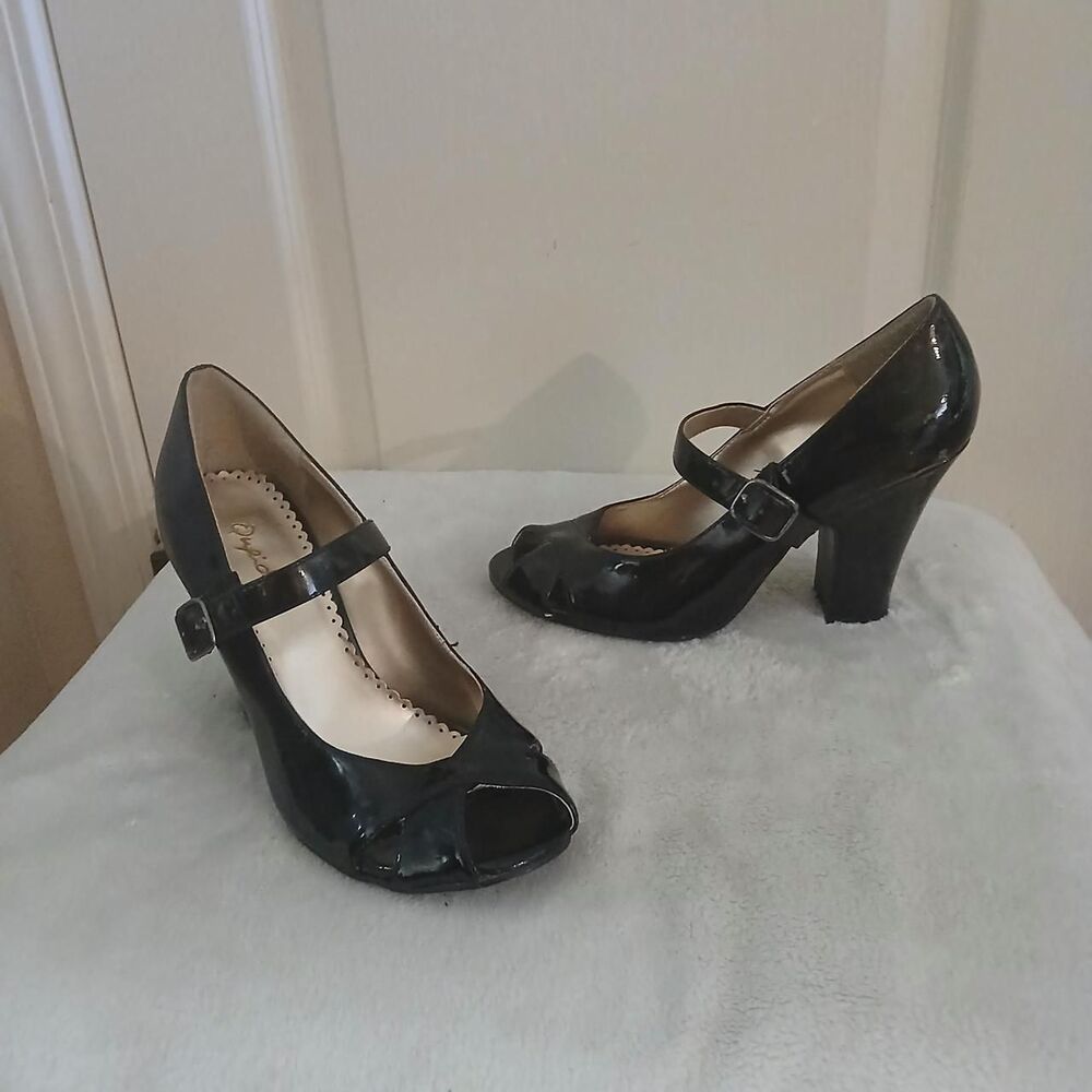 Vintage Black Patent Leather Peep Toe Mary Jane Chunky Block Heels Y2K Academia